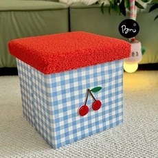 보관함 다용도 수납함 접이식 패브릭, 블루 체크 레드 뚜껑 체리