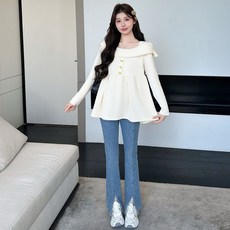 임산부 봄 가을 긴팔 니트티 프렌치 임부 니트 티셔츠 루즈핏 임부복 라운드넥 상의 YLP