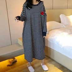 임부복 원피스 홈웨어 롱 실내복 여성용 줄무늬 홈드레스 긴팔 잠옷 편안한 수면