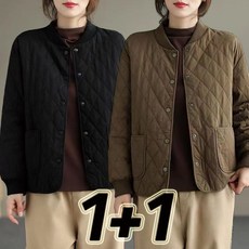 1+1 중년여성 아가일 솜패딩 경량패딩코트 노카라 루즈핏 4050대 박시핏 간절기 가을 겨울 얇은 웰론패딩 점퍼 75KG까지