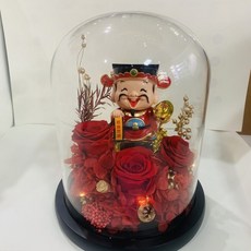 永生花玻璃罩 玫瑰真花 搖頭財神爺 招財太陽能玻璃罩燈光 生日禮物 情人節禮物 交換禮物 開業典禮 禮盒, 15*20紅色安全包裝