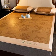 夏季冰絲席藤席涼蓆三件套家用竹蓆可摺疊學生宿舍雙人草蓆子, 艾草古藤席-水中花卉款-冰感藤席-清爽舒適