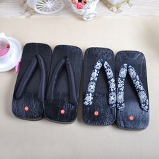 台灣現貨 木屐 夾腳拖鞋 日式風格 青龍 黑龍 和服 燒桐 男木屐 復古藍色印花布, 方形黑木純黑帶, 1個