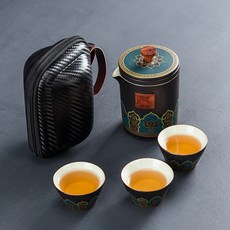 可攜式陶瓷快客杯一壺三杯旅行茶具隨身泡茶壺茶杯套裝伴手禮, 1個, 快客杯黑色三杯:如圖所示330