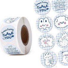 블루 체크 토끼 곰돌이 원형 스티커 500pcs 다꾸 OC_0404TG