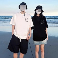 해피유통 커플 캐릭터 티셔츠 봄 여름 캐주얼 패션 반팔 부드러운 면 젊은 층 데일리 웨어