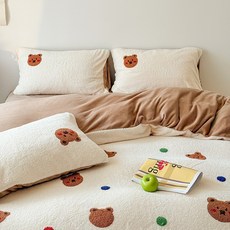 波點小熊加厚米粒絨毛巾繡床單四件套 - 冬季保暖牛奶絨被套被單加絨, 米粒絨毛巾繡-甜甜貓咪,1.2m床單款-三件套-（被套 150*