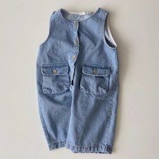 韓版牛仔背心連身褲 復古大口袋 男女寶寶四季穿搭 百搭休閒
