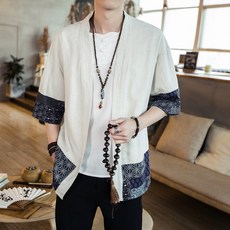 國風雅韻 男士漢服棉麻開衫 民族風七分袖拼接外套