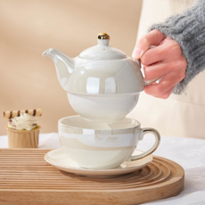 MorningSea 본차이나 골드라인 주전자 세트 가정용 애프터눈티 1인용홍차 티팟 세트, 화이트, 1세트