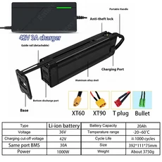 새로운 36V 10Ah 12ah 18650 초장수명 고용량 리튬 배터리(실버피쉬 모터용), 08 20Ah-XT60-3A charger