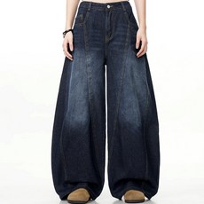 네모엔룩 벌룬인디고 남녀공용 와이드 뒷면 자수레터링 로우라이즈 루즈핏 레이어드룩 캐주얼 데님 청 팬츠