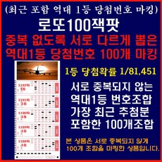 [로또당첨자와 확률통계학습자의 필수품] 로또역대당첨번호조합100선: 가장최근 당첨분포함 역대1등번호 중복없이 100개엄선 마킹 1등 당첨확률 1/81 451, 1팩