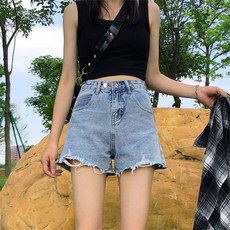 TIRA 여성 하이웨스트 데님 반바지 A라인 여름 캐주얼 통풍 넉넉핏 빈티지 헤짐 숏팬츠