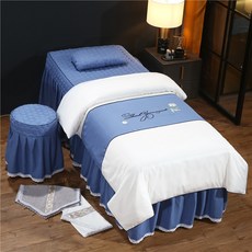 新款美容牀罩夾棉刺繡美容套件美容院按摩養生所SPA套件可做LOGO, 鍾愛一生-新藍灰:方頭70*190四件套：被套*1+牀罩*1+枕套*1+凳套*