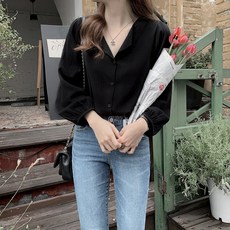 韓版V領長袖襯衫 女 寬鬆燈籠袖上衣
