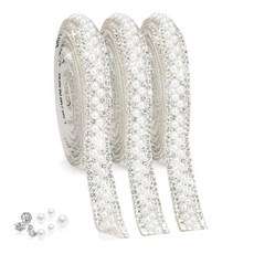 진주 리본 자체 접착 진주 라인스톤 리본 3롤 크리스탈 진주 스트립 진주 스티커 라인스톤 스트립 테이프 블링 다이아몬드 진주 트림 공예 DIY 폰 웨딩 생일 파티 장식 (3야드, 1cm