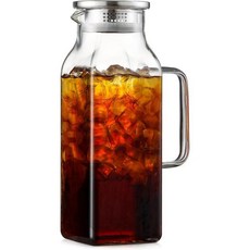 NETANY 뚜껑과 주둥이가 있는 2쿼트(2리터 68온스) 사각 유리 물병 냉장고용 손잡이형 뜨거운 음료/차가운 음료용 붕규산 카라페 스티 커피 주스 우유 대용량 주전자, 67.6온스, 분명한