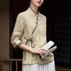 POMTOR 봄가을 면마 개량한복 7부 소매 브이넥 린넨 여성 루즈핏 캐주얼 셔츠 상의