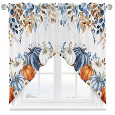 가을 장식 커튼 밸런스 오렌지 블루 호박 추수감사절 장식 주방 커튼 창용 수채화 갈색 나뭇잎 꽃 창문 커튼 주방 침실 거실용 너비 142.2cm x 길이 91.4cm(56 x
