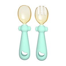 Hogo禾果 兒童矽膠湯匙叉子 可彎曲PPSU叉勺 兒童餵食餐具 輔食學習餐具 湯勺組, 青湖藍-F, 1個