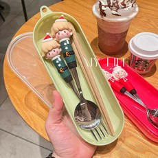 聖誕節 熱賣 ins可愛聖誕男女孩餐具筷子勺子高顏值叉子套裝學生便攜式三件套, 1個, 聖誕狂歡【紅女孩】,木筷【兩雙裝】