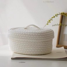 桌面防塵收納盒 蓋雜物籃 編織收納筐 化妝品收納 橢圓形小籃子, 乳白色 袋蓋筐, 1個