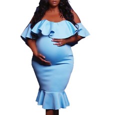 [ 1173528 ] 러플 오프숄더 임산부 드레스 베이비 샤워용 반소매 머메이드 바디콘 미디 포멀 여성용 C-블루