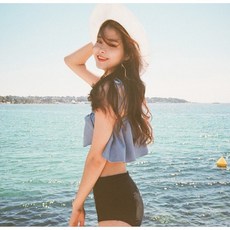 韓版夏季新款泳衣 一字領上衣 平角泳褲 吊帶小可愛 高腰泳褲 游泳衣 泳裝 分體泳裝 學生泳裝 少女泳衣, 灰色荷葉邊,m