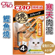 CIAO寒天鰹魚燒肉泥-柴魚片風味4p貓零食 添加寒天幫助消化 獨立包裝方便餵食, 1個