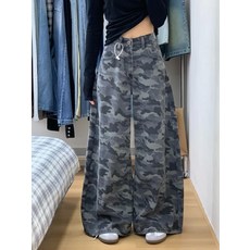 美式寬鬆闊腿牛仔褲女秋季復古高腰顯瘦直筒工裝迷彩褲梨形身材褲