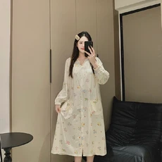 月子服 春季新款 帶胸墊 冰瓷棉 長裙 產後孕婦家居裙, 杏色