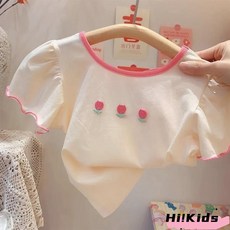 女童夏季短袖上衣 韓版洋氣後背蝴蝶結圓領泡泡袖上衣 薄款娃娃衫T恤