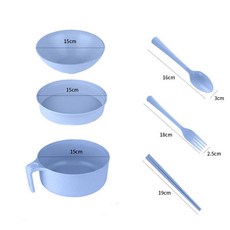 桃園發運 小麥秸稈餐具 泡麵碗帶蓋餐具 大號碗筷學生上班族便攜飯盒套裝, （北歐藍）六件套+菜格, 1個