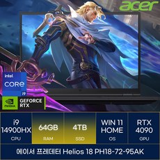ACER 2025 프레데터 헬리오스 18 코어i9 인텔 14세대 지포스 RTX 4090, 블랙, 4TB, 64GB, WIN11 Home, 18 PH18-72-95AK