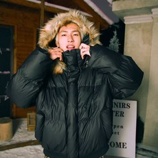 冬季情侶款毛領連帽寬鬆棉衣外套 - 男女同款保暖麵包服