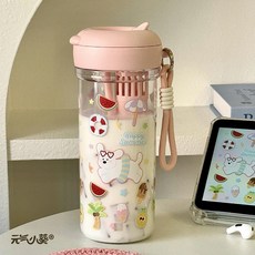 高顏值吸管水杯，簡約便攜學生大容量卡通塑料杯子, 1個, 雲朵提繩塑料杯800ml暈染快樂游泳小狗,不帶清潔刷, 800ml