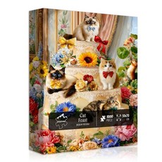 해외 성인용 빈티지 고양이 퍼즐 1000피스 PICKFORU 레트로 도서관 테마 책 새끼 책장 직소 콜라주 챌린지 미국매장정품+ 1729124, Cat Cake Puzzles.