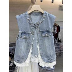 청조끼 데님 비즈장식 워싱 A라인 라운드넥 여성용 캐주얼 레이스 조끼, 2XL