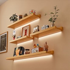 牆上置物架 免打孔實木一字板 帶燈光擱板 松木客廳裝飾收納層架 臥室書房簡約現代風格, 【60X15CM】-原木色不帶漆送發光L,加厚面板 不易變形