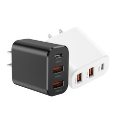 Type-C雙USB-A多口快速充電器 智能手錶/手機通用充電頭 多設備同時充電, 黑色, 1個