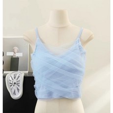 SISI 網紗交叉拼接V領細肩帶無袖吊帶背心小可愛上衣性感辣妹短款百搭春夏