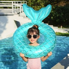 臺灣出貨 美人魚遊泳圈成人加厚加大救生圈充氣腋下圈浮排漂浮水上拍攝道具, 1個, 70#綠色特厚【帶充氣泵】40-80斤