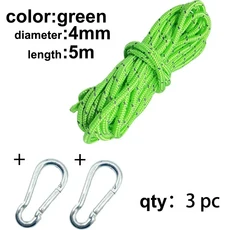 5m 4mm 반사 로프 캠핑 바람 텐트 다기능 라인 야외 하이킹 액세서리, 08 green 1 rope 2 hook