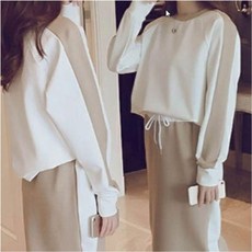 온샵 여성 배색 긴팔 맨투맨 H라인 미디 스커트 상하의 세트 꾸안꾸