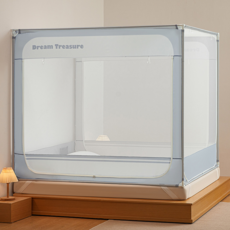 Dream Treasure 方型蚊帳 三開門 A類, 藍灰【A類加密帳紗/加高加加大空間/防摔防墜】, 1.2m牀適用 寬1.2m*長2.0m*高1.7m【烤漆支