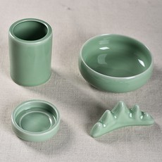 青瓷文房四寶用品套裝 陶瓷筆洗硯滴筆架 筆筒, 1個, 文房墨碟4件套弟窯梅子青