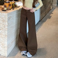 해피유통 여성용 봄 가을 고양이 데님 와이드 팬츠 하이웨스트 슬림 레트로 스타일