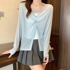 長袖扭結運動上衣 - 輕盈透氣，時尚遮陽