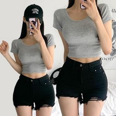 가성비최고/3col 퍼스트 슬림핏 딥유넥 반팔 크롭 골지 티셔츠